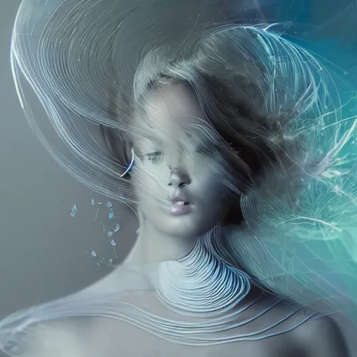 Image similar to Art by Andrew Chiampo and Frederik Heyman, a highly detailed digital art rendering and concept design of a breathtaking young ethereal woman elegantly positioned and entwined in fluid chromatic neon trails, Fantasy, hyperrealism, 4k, volumetric lighting, three dimensions, a digitally altered world, user interface design, 3D modeling, illustration, and transportation design