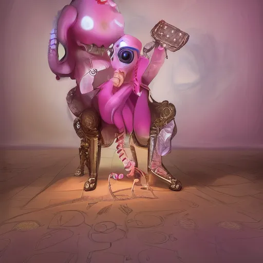 Prompt: a cute pink octopus playing videogames, sitting on a throne, digital art, trending on artstation, cgsociety, octane render, RPG portrait, dynamic lighting, hyperrealistic