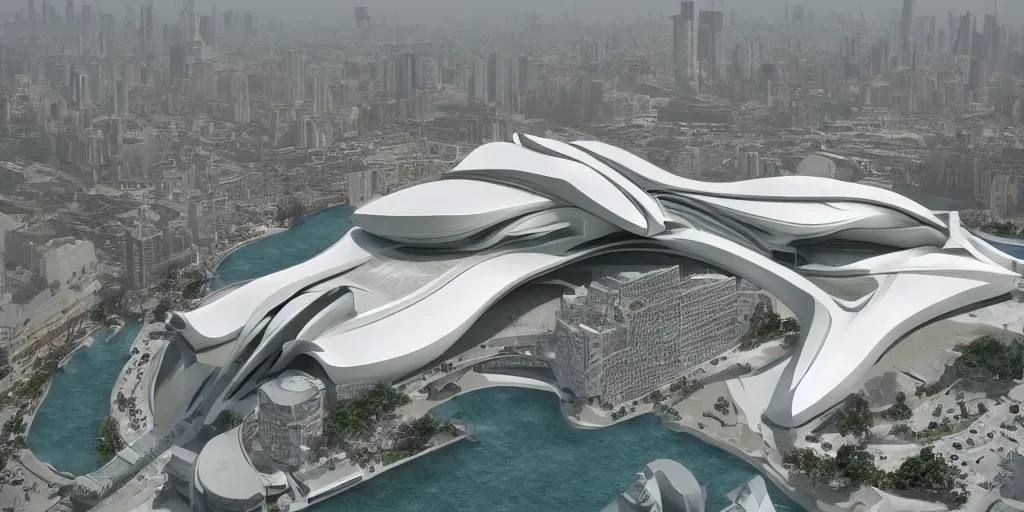 Image similar to mosque floating spaceship by zaha hadid, golds fantasy world