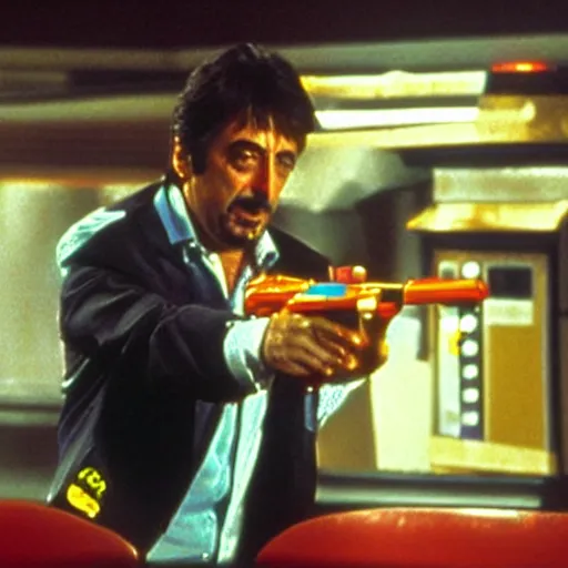 Image similar to Realistic photo of Al Pacino in Scarface, holding a Nerf Gun, standing inside a Chuck E. Cheese