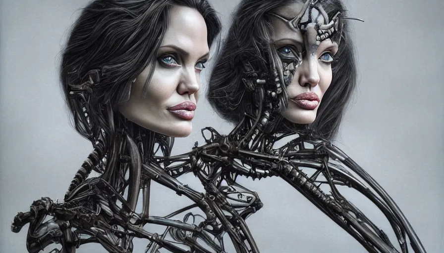 Image similar to angelina jolie by roger dean, by hr giger, biomechanical, profile portrait, hyper detailed, hyperrealism, deviantart, artstation, 4 k, highly detailed, vray rendering, unreal engine