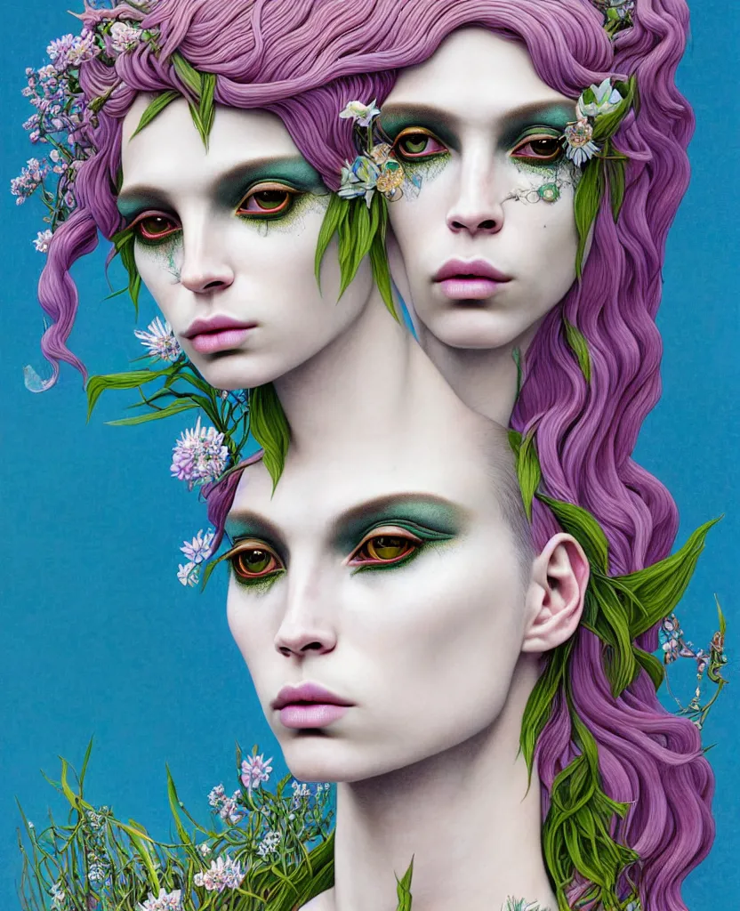 Prompt: the androgynous deity of Spring, 1 figure only, looks a blend of Grimes, Lana Del Rey, Aurora Aksnes, and Zoë Kravitz, made entirely out of flora and fauna, in a style combining Botticelli, Möbius and Æon Flux, surrealism, stunningly detailed artwork, hyper photorealistic 4K, stunning gradient colors, very fine inking lines