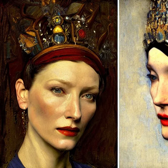 Image similar to cate blanchett by Annie Swynnerton and Nicholas Roerich and Vermeer, strong dramatic cinematic lighting , ornate headdress , lost civilizations, smooth, sharp focus, extremely detailed