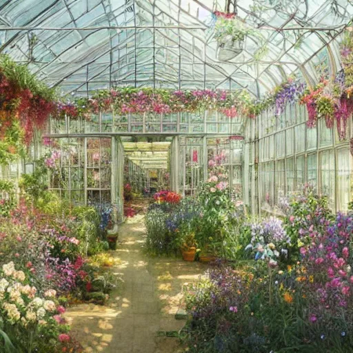 Image similar to a beautifull intricate watercolour painting of a greenhouse with many flowers, reflexions, verry high details by william turner art, greg rutkowski and alphonse mucha, trending on artstation, very very detailed, masterpiece