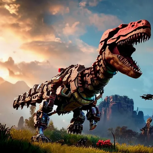 Prompt: cinematic still of horizon zero dawn, si - fi robotic tyrannosaurus rex, highly detailed