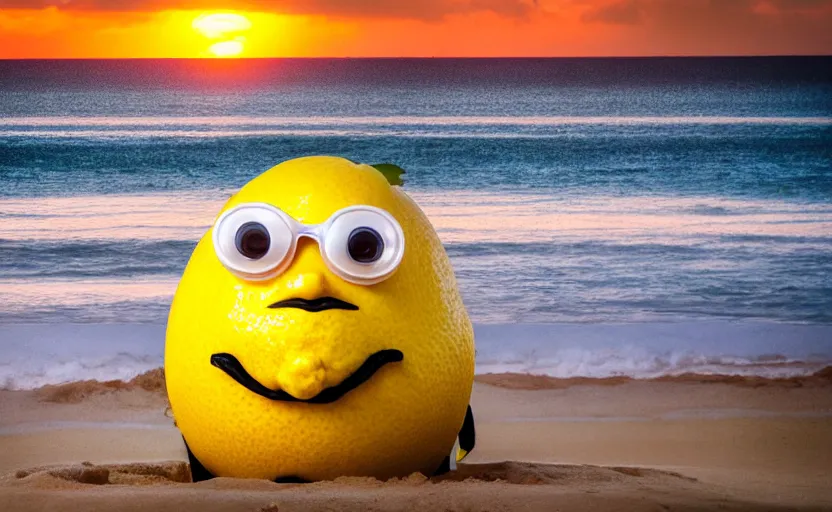 Image similar to 5 0 mm photograph, of a real anthropomorphic lemon character, with lemon skin texture, it is wearing a hat and scuba diving, building a sandcastle on the beach at sunset, beach, huge waves, sun, clouds, tropical trees, rim light, cinematic photography, professional, sand, sandcastle, volumetric lightening