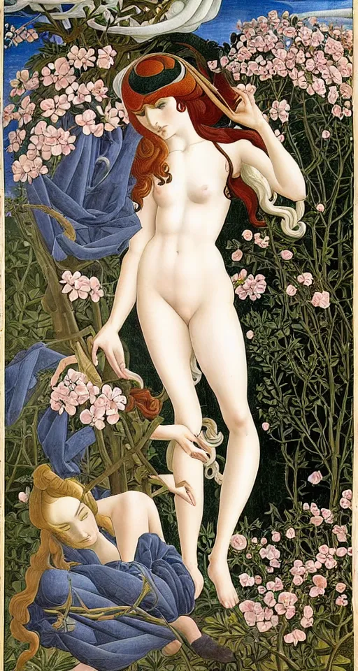 Image similar to the 12 months of the year as figures, (January, February, March, April, May, June, July, August, September, October, November, December), in a mixed style of Botticelli and Æon Flux, inspired by pre-raphaelite paintings and shoujo manga, surrounded by flora and fauna, hyper detailed, stunning inking lines, flat colors, 4K photorealistic