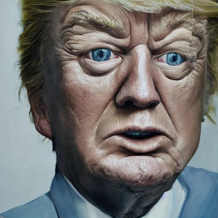 Prompt: hyperrealistic close up studio portrait of aging old Donald Trump age 85 sad, oil painting by Ivan Albright and Lucian Freud and Ron Mueck, trending on artstation Studio lighting hyperrealism