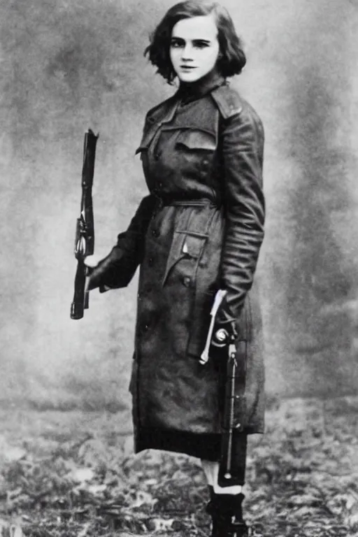 Image similar to photograph of soviet chekist comrade emma watson, standing in a long leather coat with mauser pistol, vintage revolution photograph, famous photo