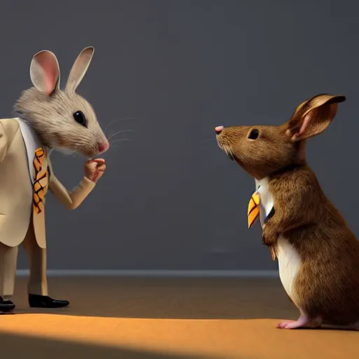 Image similar to a mouse in a suit shaking hands with a rabbit in a suit. Unreal 5 render volumetric lighting, beautiful, 4k UHD, ultra high quality