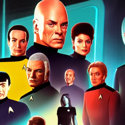 Prompt: Star Trek TNG crew portrait photo, Cyberpunk 2049, highly detailed, photorealistic