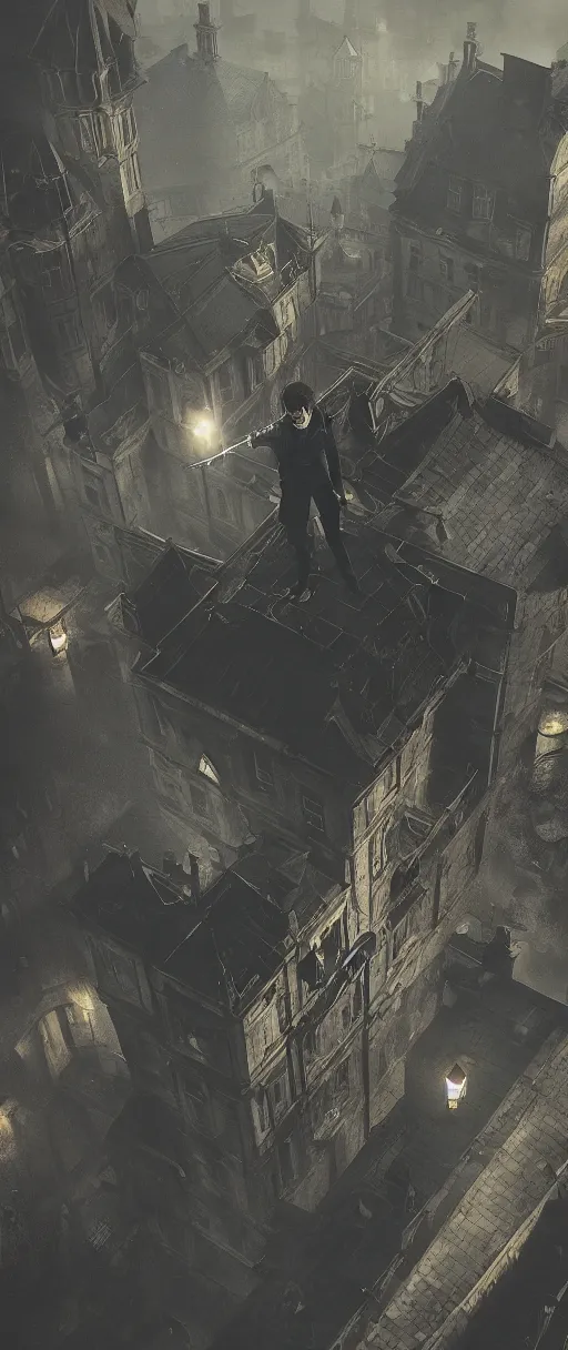 Image similar to Corvo Attano on the roof of a gothic house, Dishonored aesthetic, cinematic lighting, rainy weather, melancholy atmosphere, artstation, Dunwall city, gothic architecture, volumetric light, octane render, Dishonored game, Dishonored 1, depression and despair