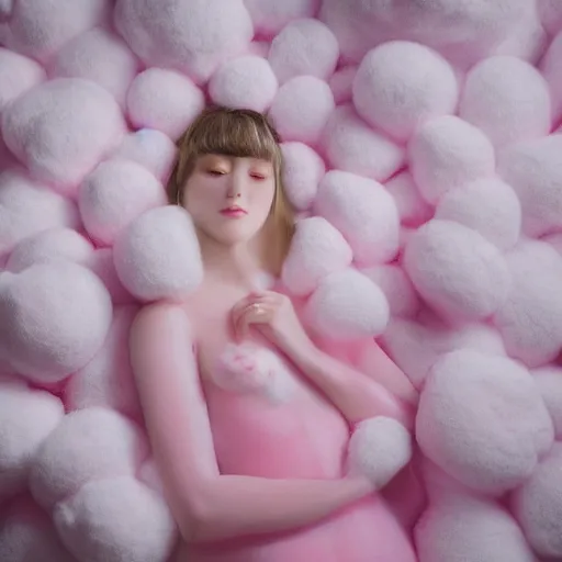 Prompt: portrait of a cute girl laying on soft pink and white cotton fluffy balls, still move image, highly detailed, digital photography by jheronimus bosch and james jean and james rutkowski