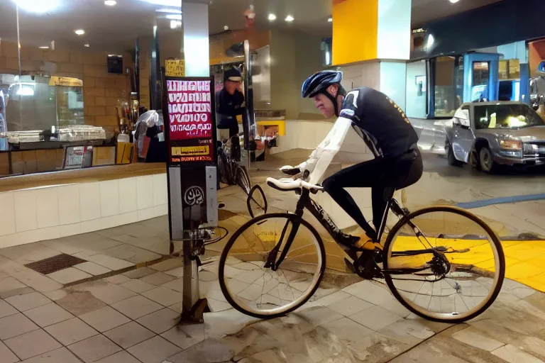 Image similar to cyclist in toilet!!! inside mcdonalds is eating donuts!!! and drinking yerba!!! mate