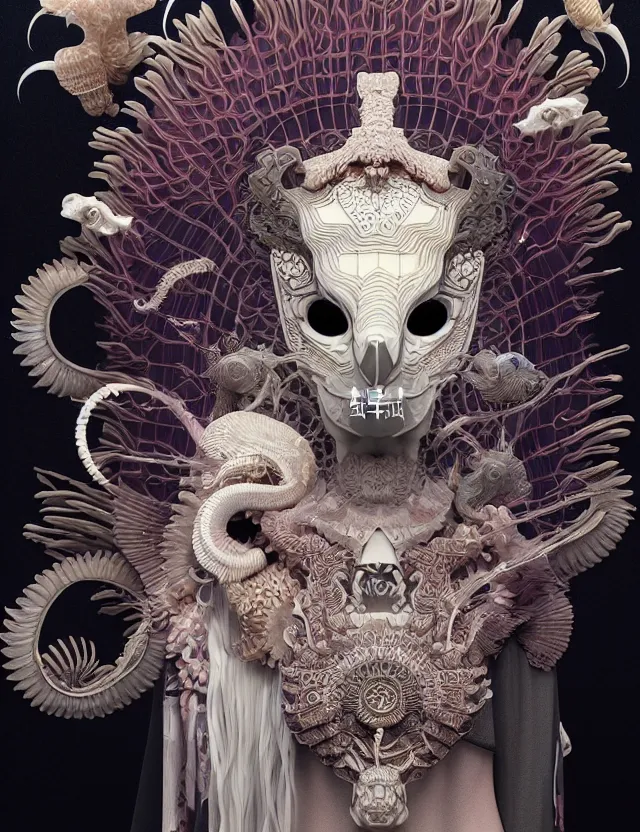 Image similar to 3 d goddess close - up profile solarpunk portrait ram skull. beautiful intricately detailed japanese crow kitsune mask and clasical japanese kimono. betta fish, jellyfish phoenix, bio luminescent, plasma, ice, water, wind, creature, artwork by tooth wu and wlop and beeple and greg rutkowski