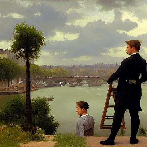 Image similar to mcgregor is dressed as a gentleman at early 2 0 th century paris. he is watching an easel. that easel has a canvas on it. ewan mcgregor has a brush on his hand. he is painting a painting. on background has river seine, morning sun, dark clouds, lightning, by william - adolphe bouguereau