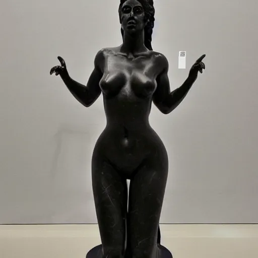 Image similar to a realistic modern white marble statue of kim kardashians displayed in a museum art gallery, photorealistic, super detailed, hyper realistic, 8 k