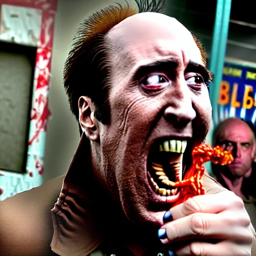 Prompt: uhd candid photo of zombie nicholas cage ranting maniacally on skid row. correct face, intricate details, hyperdetailed, accurate face. photo by annie leibowitz