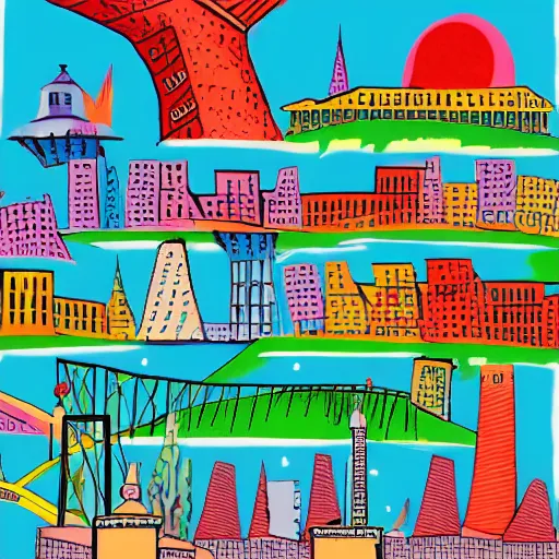 Prompt: colorful city with towers, bridges, stairs, inhabited by creatures, by dr seuss