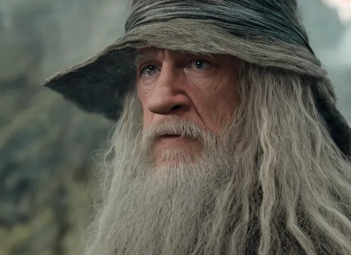 Image similar to film still of john cena as gandalf in the new lord of the rings movie, 4 k, highly detailed face, detailed eyes