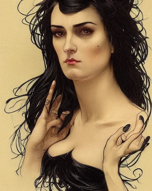 Image similar to portrait of evil a tall 4 0 - year - old woman with thin lips, heavy - lidded eyes, a strong jaw and long, thick shining black hair, thick eyebrows and long eyelashes, wearing in black clothes, hyper realistic face, beautiful eyes, fantasy art, in the style of greg rutkowski, intricate, alphonse mucha, hyper detailed, smooth