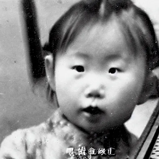 Prompt: Zoomed cropped voyeuristic direct eye contact close up of a cute chinese little girl blowing breath in window, Technicolor, telephoto lens, vintage photograph, historical archive.