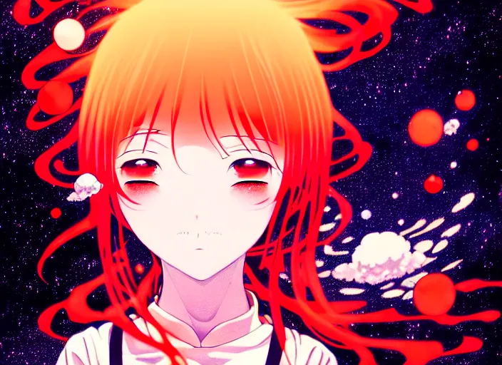 Prompt: anime portrait of a young girl floating inside a nebula, Karolis Strautniekas,omoide emanon, tsuruta kenji, murata range,kawaii, kyoto animation, manga, intricate, detailed, studio lighting, orange red black white, gradation,editorial illustration, matte print, Ilya Kuvshinov