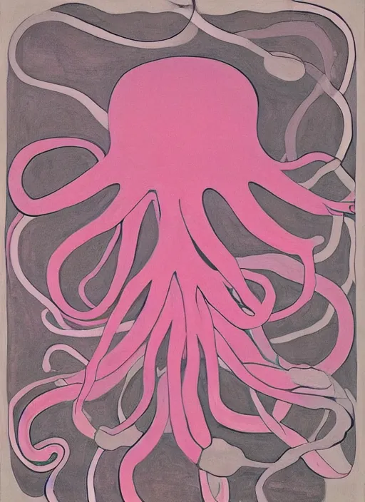 Prompt: pink octopus with minimalistic and aesthetic geometric shapes and patterns, muted color palette, symmetric, symbolist, abstract, spiritual art painting by Hilma At Klint