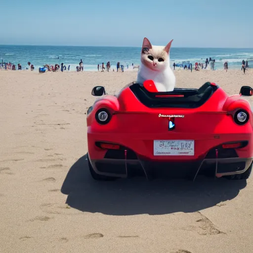 Image similar to a cat driving a ferrari in Santa Monica beach