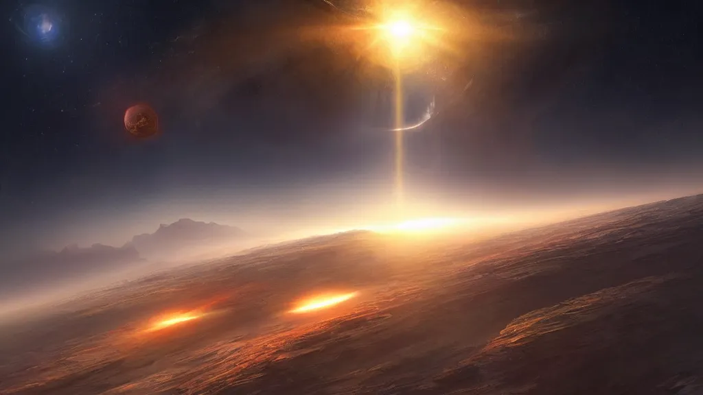 Image similar to planet crashes into the Earth at great speed, catastrophic, Power, frightening appearance, the sun's rays through the dust, a shock wave, art by Jessica Rossier,