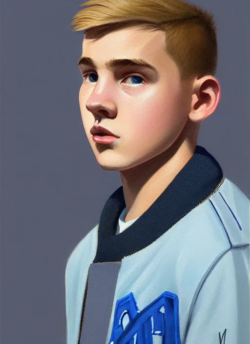 Image similar to portrait of a teenage boy named moose mason, blonde short hair, jock, beefy, square jaw, square facial structure, 1 9 5 0 s, blue varsity jacket, intricate, elegant, glowing lights, highly detailed, digital painting, artstation, concept art, smooth, sharp focus, illustration, art by wlop, mars ravelo and greg rutkowski