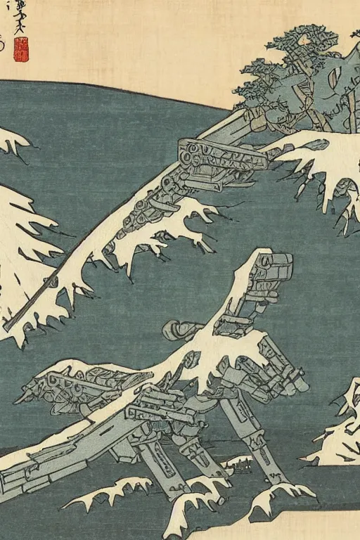 Image similar to Japanese woodblock print of an AT-AT, Hokusai