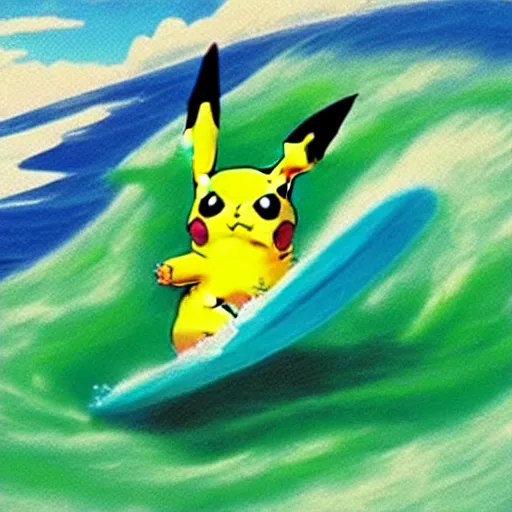 Image similar to pikachu surfing on a wave made of green slime, pokemon tcg image, trending on artstation