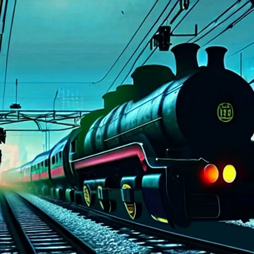 Image similar to :: Train to Hogwarts :: cyberpunk style :: Makoto Shinkai cyberpunk style :: Cinematography by Zack Snyder ::8k resolution :: cinematic shot :: epic :: awe :: masterpiece