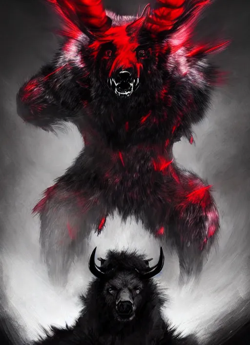 Image similar to A horned bear spirit with black and red fur. In style of Yoji Shinkawa and Hyung-tae Kim, trending on ArtStation, dark fantasy, great composition, concept art, highly detailed.