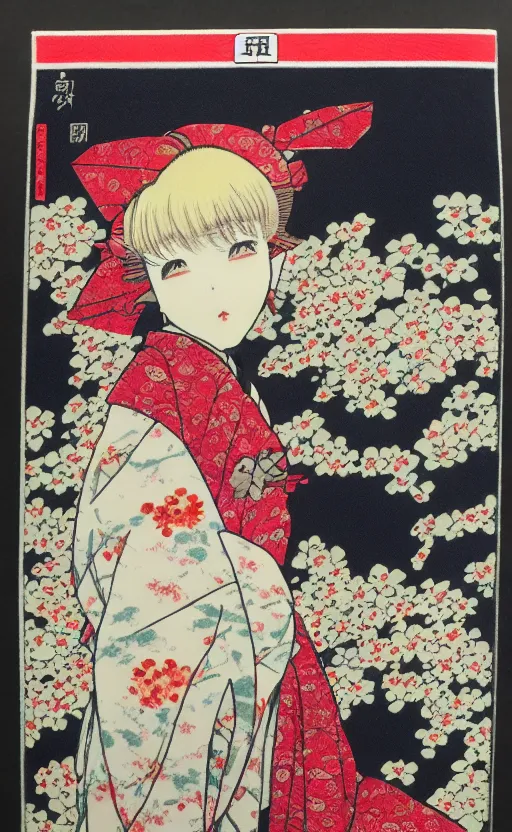 Prompt: by akio watanabe, manga art, a curtain and a cherry branch, trading card front, kimono, sun in the background