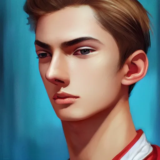 Image similar to colorful Captivating teenage boy with brown blond short quiff hair and thin facial structure with cleft chin, good definition of cheekbones, Alert eyes, narrow face, brown eyes with red eye markers, slim body, wearing a detailed Japanese kimono with golden details, atmospheric lighting, painted, intricate, 4k, highly detailed by Charlie Bowater