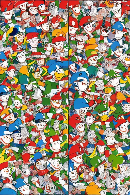 Image similar to full frontal page, finding waldo but he is a duck, highly detailed, 8k