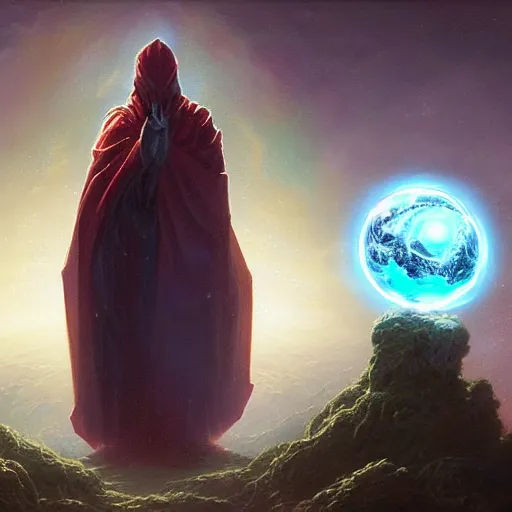 Image similar to the creator of worlds wearing a cloak and holding a holographic planet projection in his hand, detailed, sci - fi, digital painting, artstation, sharp focus, illustration, ominous, artgerm, tomasz alen kopera, peter mohrbacher, donato giancola, joseph christian leyendecker, wlop, frank frazetta