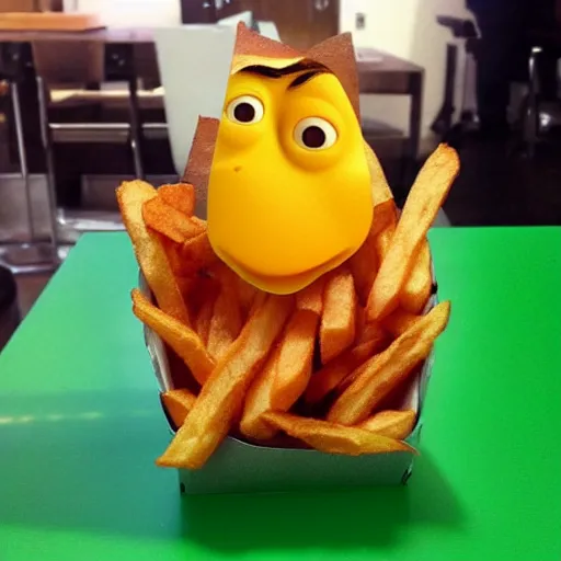 Image similar to [ a french fry chip ] shaped like stephen fry as a pixar character hybrid intercross mix