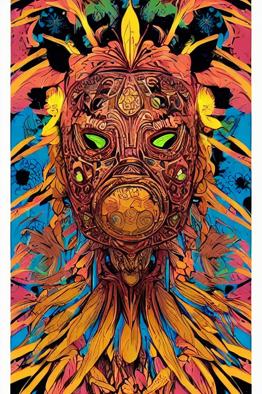 Image similar to animal mask totem roots flower tribal feather gemstone plant wood rock shaman vodoo video game vector cutout illustration vivid multicolor borderlands comics by josan gonzales and dan mumford radiating a glowing aura