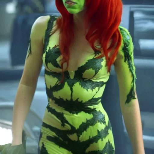 Prompt: film still of Aubrey Plaza as Poison Ivy in The Dark Knight, green skin, 4k