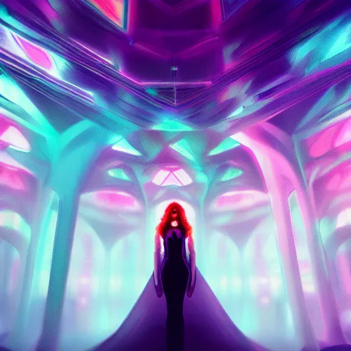 Image similar to long Shot of psychedelic Black widow standing in mysterious chromatic astral temple , stylish, lsd, soft, artstation, cinematic, artwork by WLOP