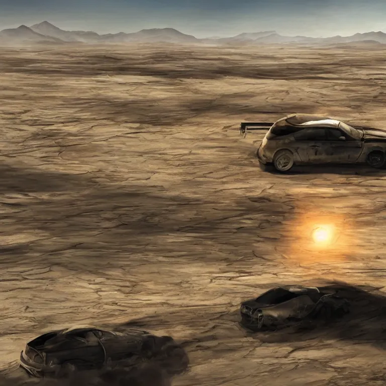 Image similar to A car drifting across a vast desert under an unrelenting sun. award winning. superb resolution. Detailed post-apocalyptic wasteland in background. Hyper realistic. Perfect art.