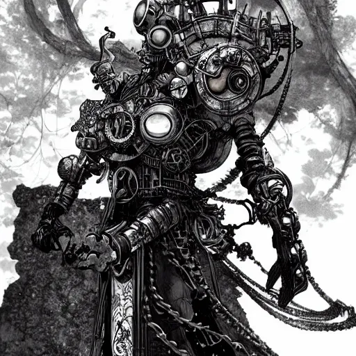 Image similar to a vertical portrait of a character in a scenic environment by yoshitaka amano and nihei tsutomu, black and white, dreamy, steampunk armor, highly detailed