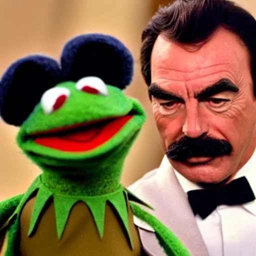 Prompt: Tom Selleck in the muppets with Kermit the frog