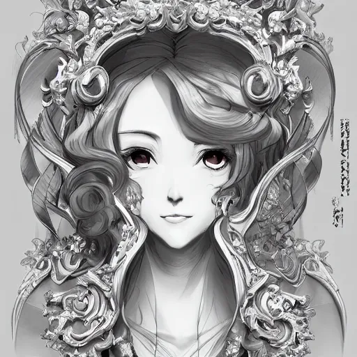 Prompt: a woman smiling, baroque style, elegant, beautiful, mesmerizing, concept art, fancy clothing, highly detailed, artstation, behance, deviantart, inspired by innocent manga, trending, shinichi sakamoto