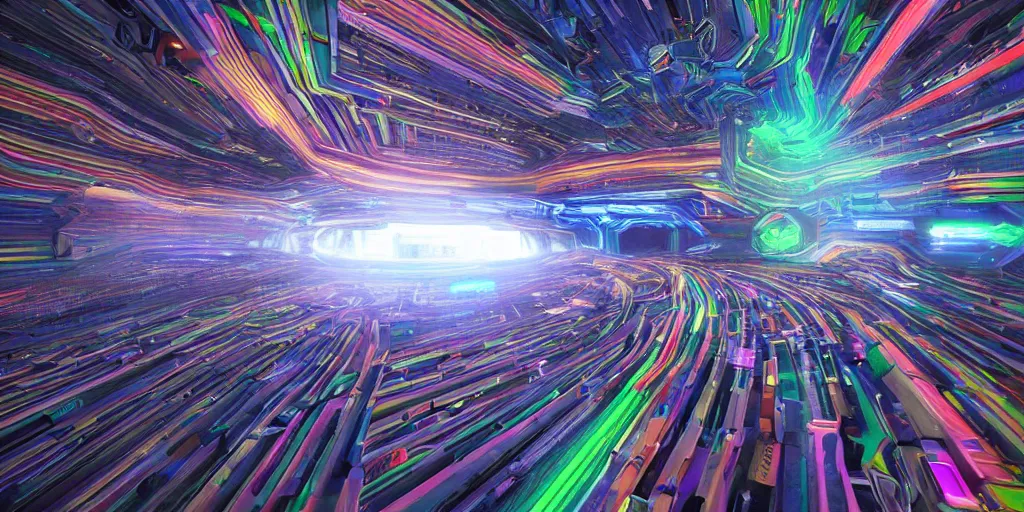 Image similar to A seamless 3D HDRI image finely detailed interconnected rainbow circuitry like colorful threads emerging from the darkness showing the thought process of AI, insanely detailed, unreal engine 8K, futuristic, sci-fi
