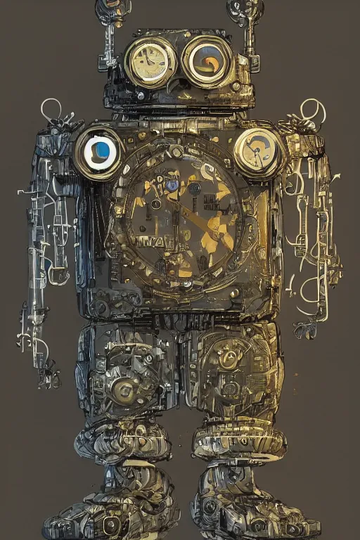 Image similar to a wise old wizard robot made of clocks, painted by wally wood and matt jefferies, trending on artstation, bright macro view pixar, award - winning, blueprint, chillwave, realism