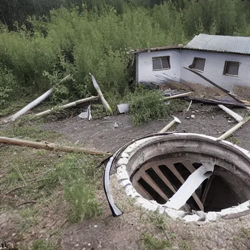 Prompt: a large funnel formed on the territory of the Russian village house in Russia as a result of a rocket hit